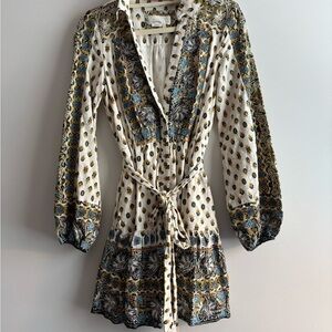 Anthropologie White and Yellow Patterned Blouse